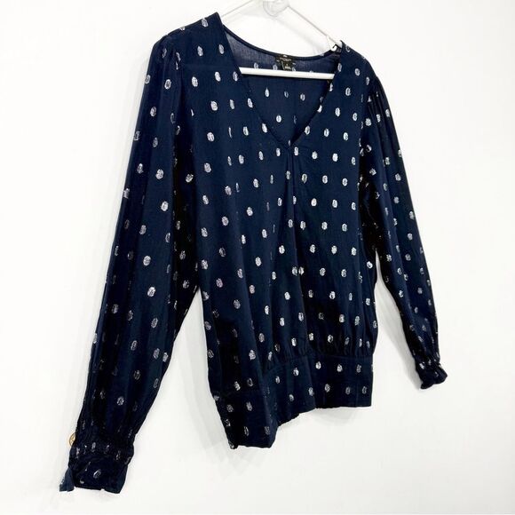 Ann Taylor Factory Navy Blue Silver Metallic Polka Dot Lightweight V Neck Blouse - Picture 2 of 15